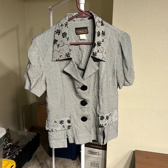 Virgo Tops - Vintage Virgo II Black Herringbone Button Up Blouse Size 6